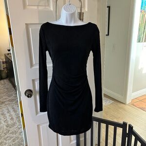 Olivaceous Small Black Boat Neck Long Sleeve Mini Dress with Ruched Cut Out Back